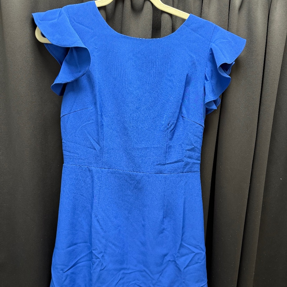 NWT TCEC Cobalt Blue Sheath Dress with Ruffle Cap Sleeves and Hem